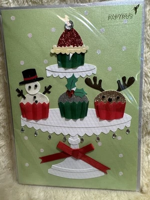 Papyrus Christmas Card 2010 HTF Cupcakes Snowman Reindeer Santas Hat Stand Jewel - Image 1 of 4