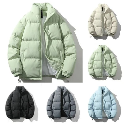 Stand Collar Coat Men's Parka Jacket Polyester Fabric Regular Length Solid Color - Image 1 of 4