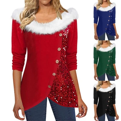 Womens CHRISTMAS Sequin Tops Xmas Faux Fur Glitter Jumper Shirts Pullover Blouse - Image 1 of 4