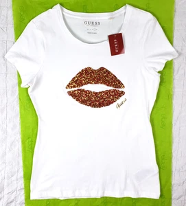 NEW GUESS Los Angeles Women LARGE Slim Short Sleeve T-Shirt White w/Gold Red Lip - Picture 1 of 11