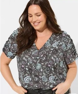 Torrid Georgette Harper Bluse Damen 0 (L) grau Blumen V-Ausschnitt geraffte Ärmel - Bild 1 von 14