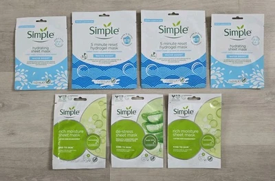 7 x SIMPLE FACE MASK BUNDLE - 5 MINUTE RESET HYDROGEL WATER BOOST / SHEET / DRY - Image 1 of 4
