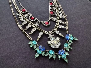 Bold Acrylic Gem Spike Gold Tone Multi Strand Chain Dramatic Statement Necklace - Picture 1 of 9