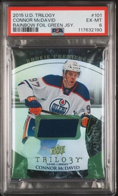 2015 UPPER DECK TRILOGY RAINBOW FOIL GREEN JERSEY CONNOR MCDAVID RC /599 PSA 6 - Image 1 of 2