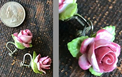 VTG CERAMIC ROSE EARRINGS PINK GREEN CLIP ON DELICATE COTTAGE CORE EUC NO CHIPS - Image 1 of 4