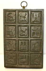 Antiguo molde alemán para galletas Springerle de metal y madera con receta - Imagen 1 de 7