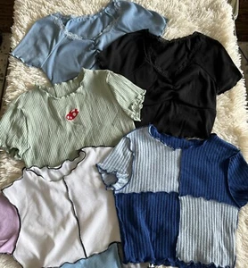 Lot Of 5 Shein Crop Tops 10Y Blue/Black Lace, Green Mushroom, Blue Colorblock - Picture 1 of 11