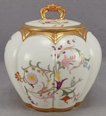 Royal Worcester Hand Painted Floral Scrollwork Ivory & Gold Biscuit Jar C. 1891 - Image 1 of 4