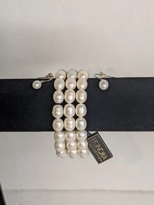 Honora .925 Sterling 3 Strand White Pearl Stretch Bracelet 9mm & Drop Earrings Foto 1 de 4