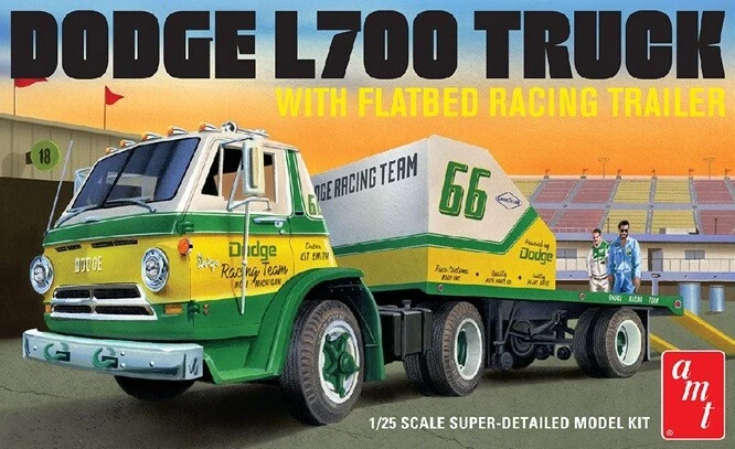 Amt / Mpc AMT1368/12 - 1/25 1966 Dodge L700 Camion W/Pianale Racing Trailer - - Immagine 1 di 1