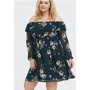 Size 3X 22 24 Floral Print Off Shoulder Chiffon Dress Western Cottagecore Boho - Picture 1 of 6