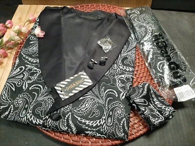 DiBanGu Mens Paisley Suit Vest Silk Jacqurd & Necktie Set Formal Black Silver S - Image 1 of 4
