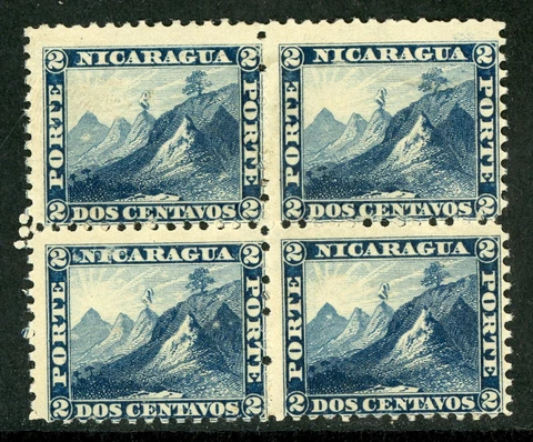 Nicaragua 1862 Momotombo  2¢ Blue First Issue Maxwell #1 Block Mint  K709 ⭐ Cover