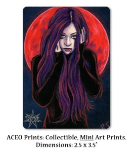 ACEO LE PRINT Gothic Halloween Vampire Red Blood Moon Full Moon Purple Hair ATC - Picture 1 of 3