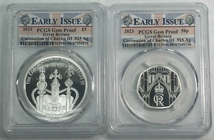 2023 UK Coronation of Charles III 5 Pound and 50P Silver Proofs PCGS Gem Unc - Picture 1 of 9