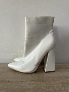 BOOHOO WOMEN WHITE LEATHER ZIP UP HEEL ANKLE BOOT UK3 EUR 36 - Picture 1 of 7