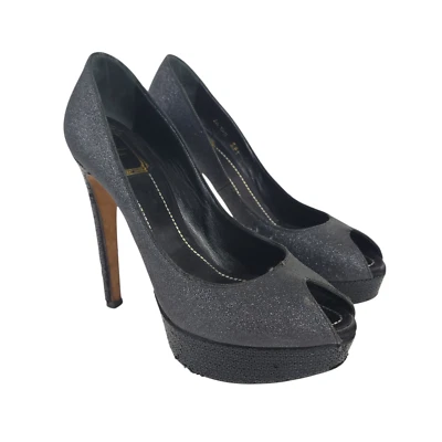 CHRISTIAN DIOR Heels 38.5 Gray Glitter Black Sequin Peep Toe Platform *FLAWS* - Image 1 of 4