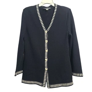 St John Collection Lattice Trim Santana Knit Cardigan Size 2 Black - Picture 1 of 5