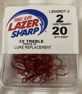 Eagle Claw Fishing Treble Hooks L934RDT-2 3X Lazer Red Colored Size 2 20CT - Picture 1 of 6
