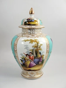 Helena Wolfsohn Dresden Lidded Vase, Watteau Scenes, Turquoise & Gilt, c.1880 - Picture 1 of 11