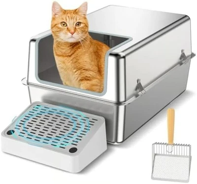 Ящик для кошачьего туалета UWANGPET с крышкой из нержавеющей стали со ступенькой и черпаком закрытый размер XL - Изображение 1 из 4