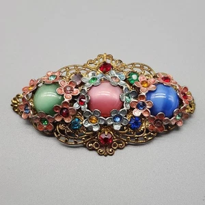 Vtg Czech Fruit Salad Brooch Moonstone Glass Rhinestone Filigree Moonglow Pin - Picture 1 of 7