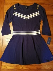 NWT Girls Tommy Hilfiger Flag Blue Dress Gold Metallic Stripe Buttons Size XL 16 - Picture 1 of 12