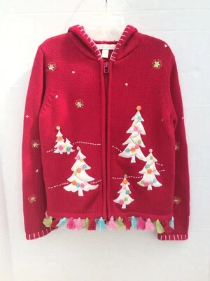 Christmas Tree Tasseled Embellished Red Girls Hooded Sweater Size 6X - Image 1 of 4