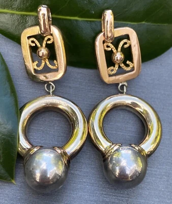 Vintage Hoop Earrins Estate Fine Jewelry Pre-Owned 14k Gold Dangle Scrolls  - Image 1 of 4