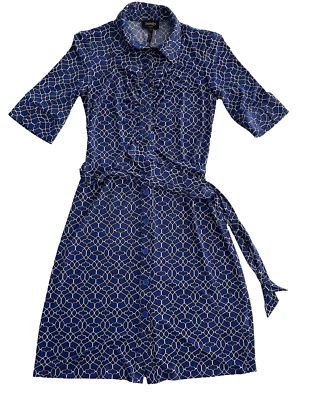 Vestido Laundry by Shelli Segal Geo-Print Azul Blanco Botón Talla 2 Foto 1 de 4