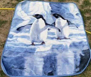 Northwest Blanket Throw W 2 Penguins Beautiful Blue & White Icy Background - Picture 1 of 12