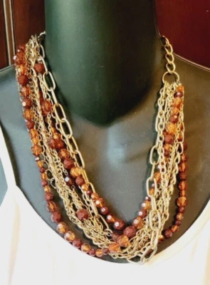 Multi-strand Contemporary  Necklace 9 Strands Brown Lucite Chains Orange br01-47 - Image 1 of 4