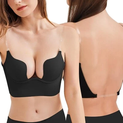 MISS MOLLY Women's Backless Deep U Plunge Invisible Low Cut Multiway Convertible Halter Bra