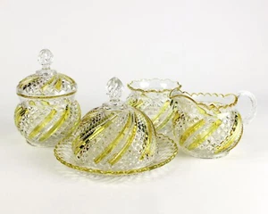 US Glass Diamond Swirl Lemon Stained Complete Table Set, Antique Glass 1895 EAPG - Picture 1 of 19
