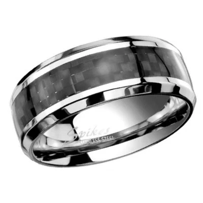 Alianza de boda clásica de acero inoxidable con anillo de fibra de carbono negro clásico para hombre tamaño 9-13 8 mm Foto 1 de 4
