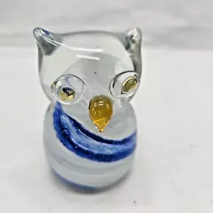 Glass Owl Paperweight Blue Swirl Gold Beak Hoot Glass Bird Figurine Figural - Picture 1 of 8