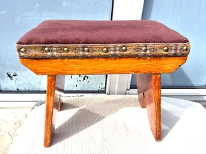 VINTAGE SOLID WOOD RUSTIC FOOTSTOOL with FAUX SUEDE FABRIC COVERED SEAT - Picture 1 of 14