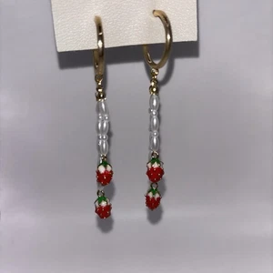 Urban Outfitters Gold Hoops with Hanging Faux Pearl And Strawberries Earrings - Picture 1 of 3
