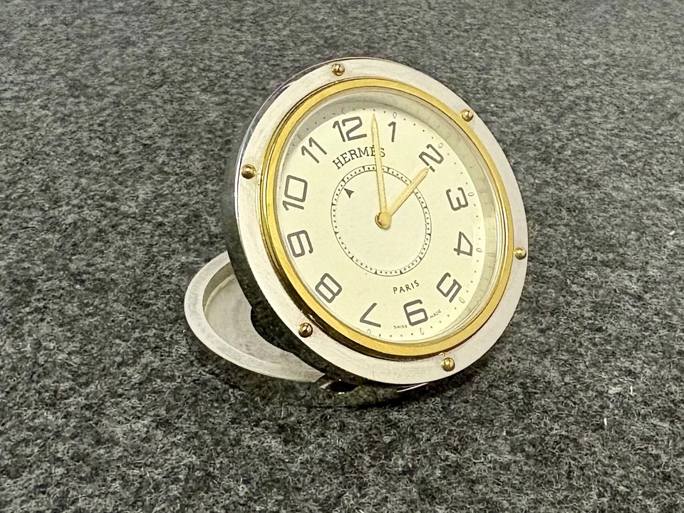 Hermes Stainless Steel and Gold Tone Pendulette Clipper Travel  Desk Clock  - Image 1 of 4