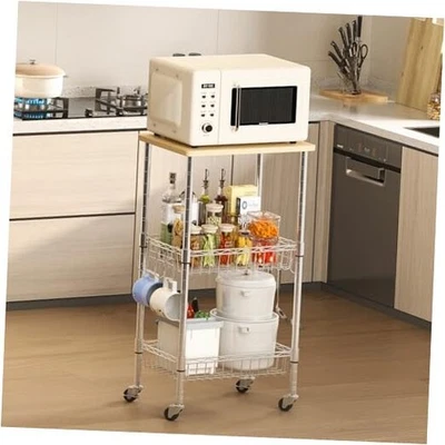 Carro de almacenamiento de cocina con ruedas, estante de almacenamiento de 3 niveles con ruedas giratorias con astilla Foto 1 de 4