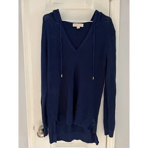 Michael Kors Swimsuit Cover Up Womens L Long Sleeve Mesh Hoodie V-Neck Navy Blue - Picture 1 of 18