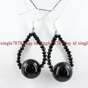 Natural Black Onyx & Faceted Spinel Round Gemstone Silver Hook Dangle Earrings - Picture 1 of 12