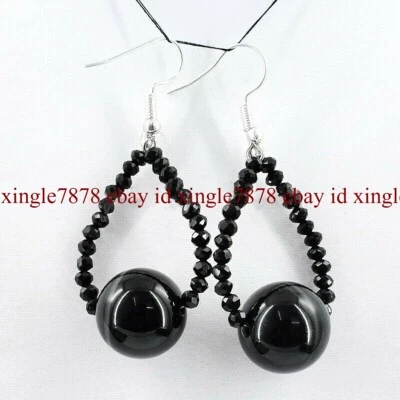 Natural Black Onyx & Faceted Spinel Round Gemstone Silver Hook Dangle Earrings - Image 1 of 4