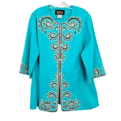 Bob Mackie Wearable Art Tunic Top Jacket L Colorful Embroidered Boho Button Up - Image 1 of 4