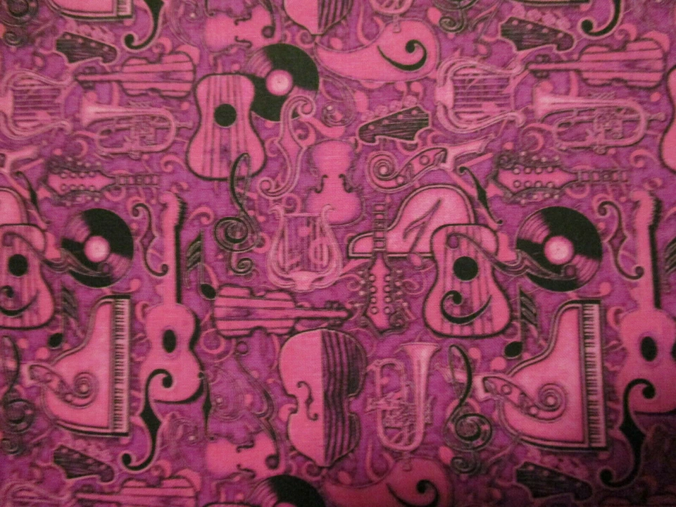 GUITAR MUSIC INSTRUMENTS NOTES RECORD PIANO PURPLE DIGITAL COTTON FABRIC BTHY  - Image 1 of 4