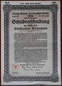 500 Reichsmark 1938 - Series: H 078526 - Loan Bond with eagle-swastika - R12 - Picture 1 of 6
