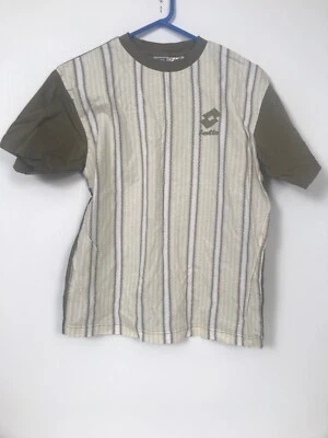 lotto винтажный хлопок желтовато-коричневый и коричневый полоски рубашка маленький по всему печати 90-х футбол - Изображение 1 из 4