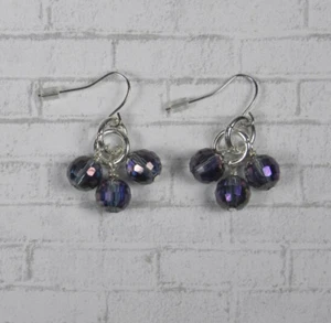 Crystal Faceted Drop Pierced Cluster Earrings Purple Silver Handmade New - Picture 1 of 3
