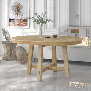 TREXM Farmhouse Round Extendable Dining Table with 16" Leaf Wood Kitchen Table ( - Picture 1 of 11