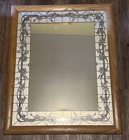 MCM Windsor Art Marsel Wood Framed Wall Mirror Floral Scrolls Stained Glass Faux Cover